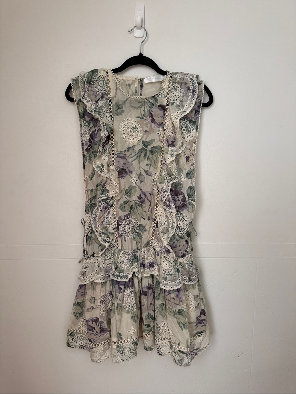 Zimmermann Cream Eyelet Dress with Lavender and Sage Floral Print